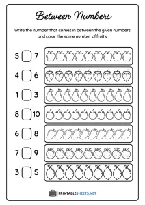 thumbnail of Write Between Numbers and Color the Fruits